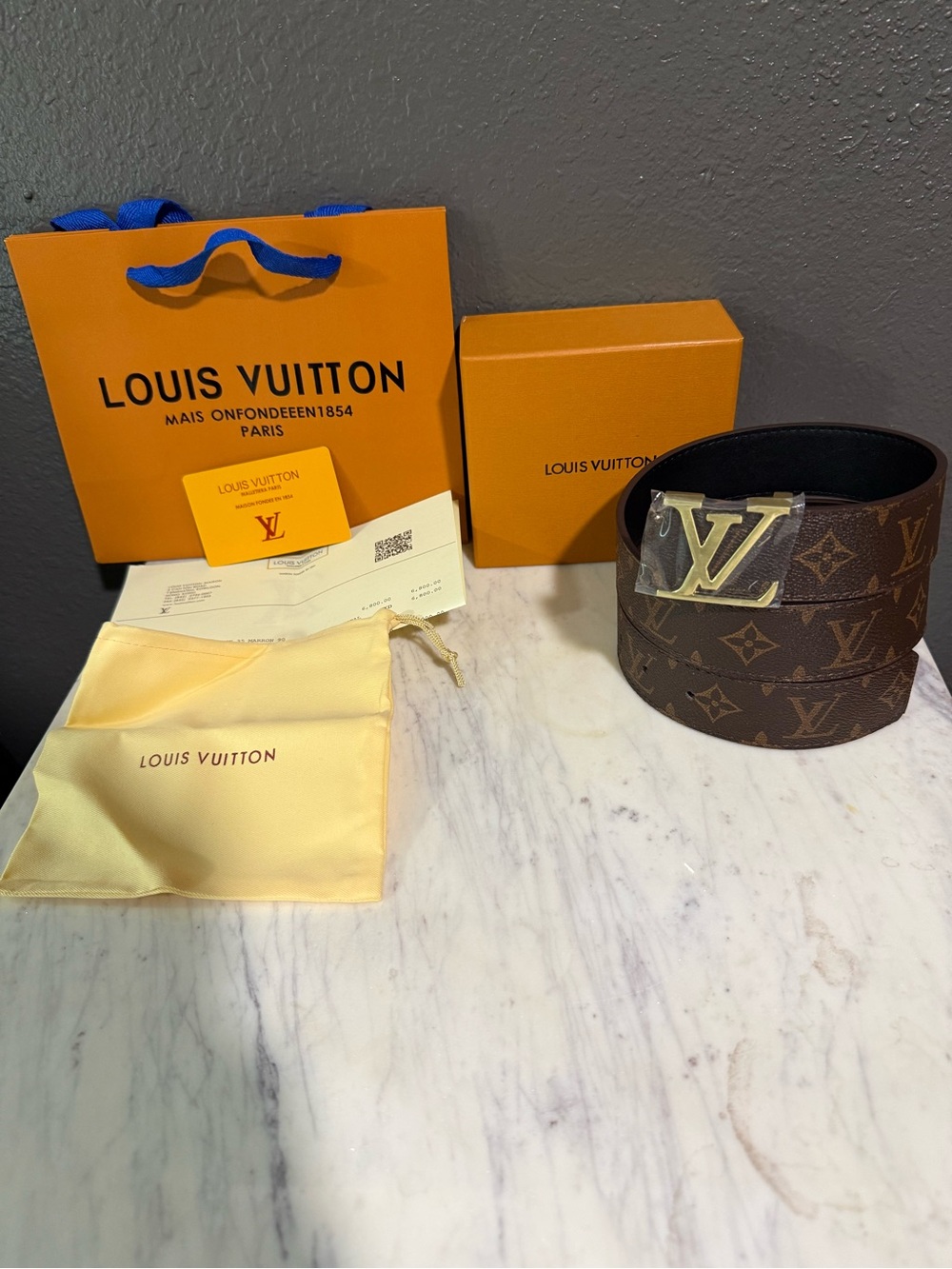 Louis Vuitton Brown Monogram LV Initials Belt with Gold Buckle